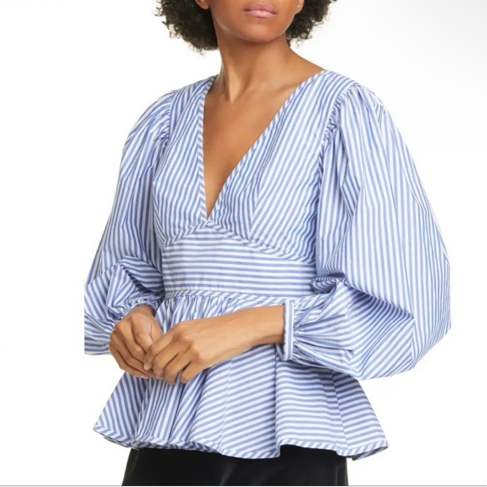 STAUD Luna Puff Sleeve Striped Peplum Top